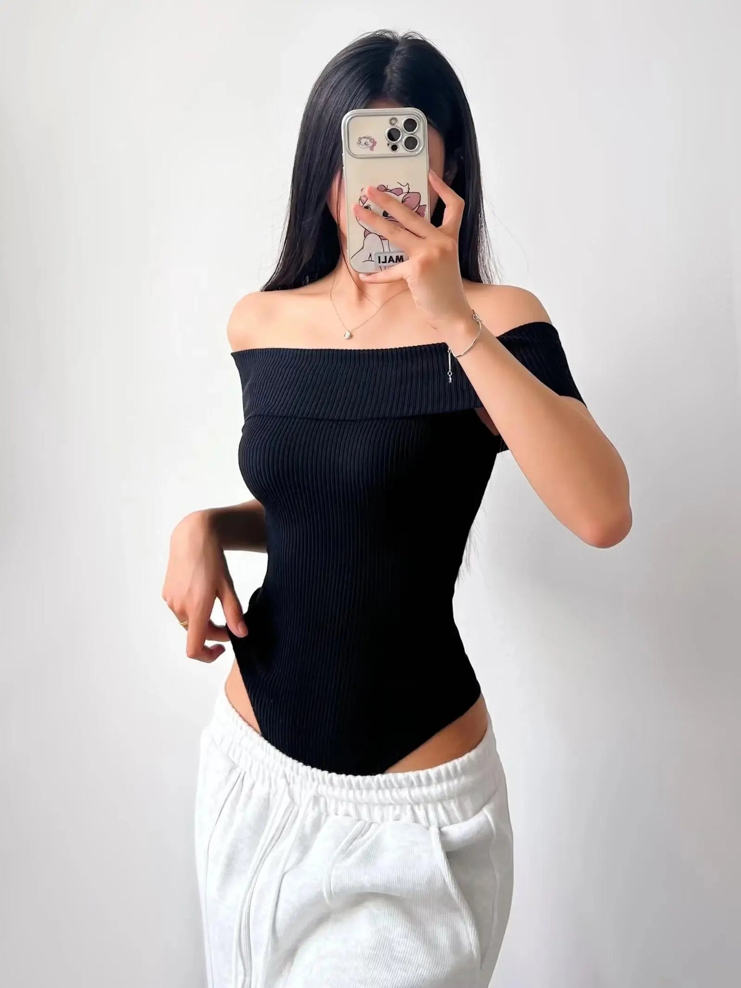 Off Shoulder Rib Knitted Bodysuit