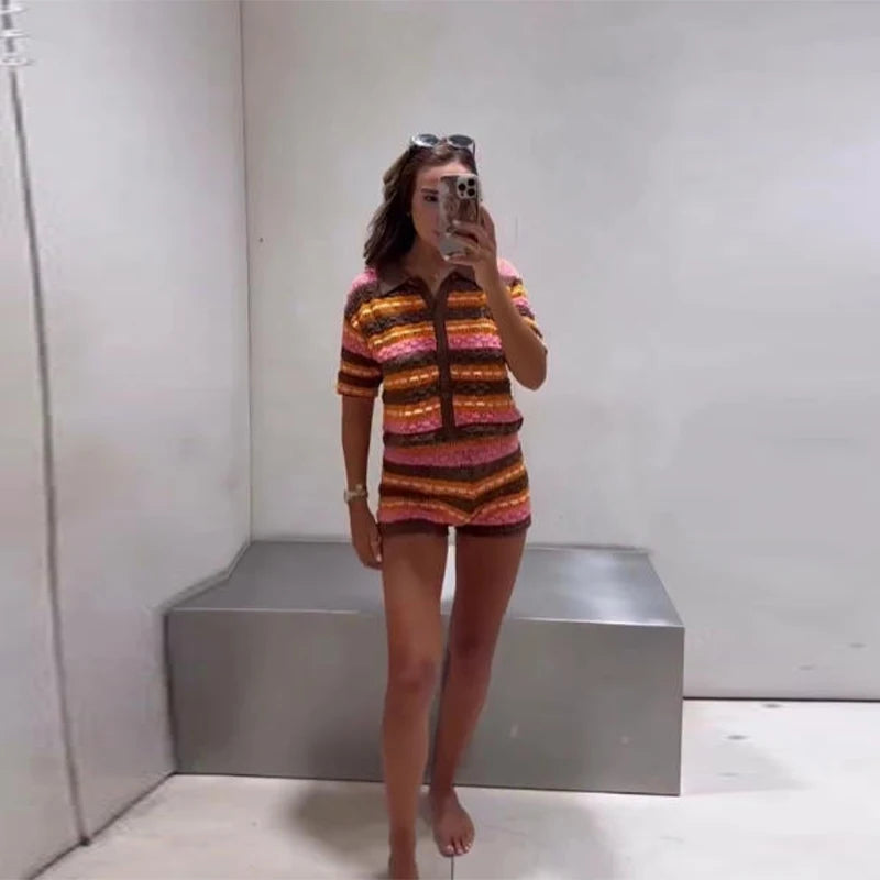 Knitting Stripe Shorts Set