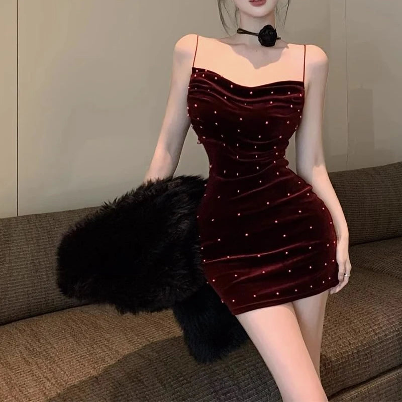 Spring Autumn Solid Color Fashion Slip Dress Women High Street Sexy Slim Pleated Package Hip Dress Embroidered Flares Vestidos