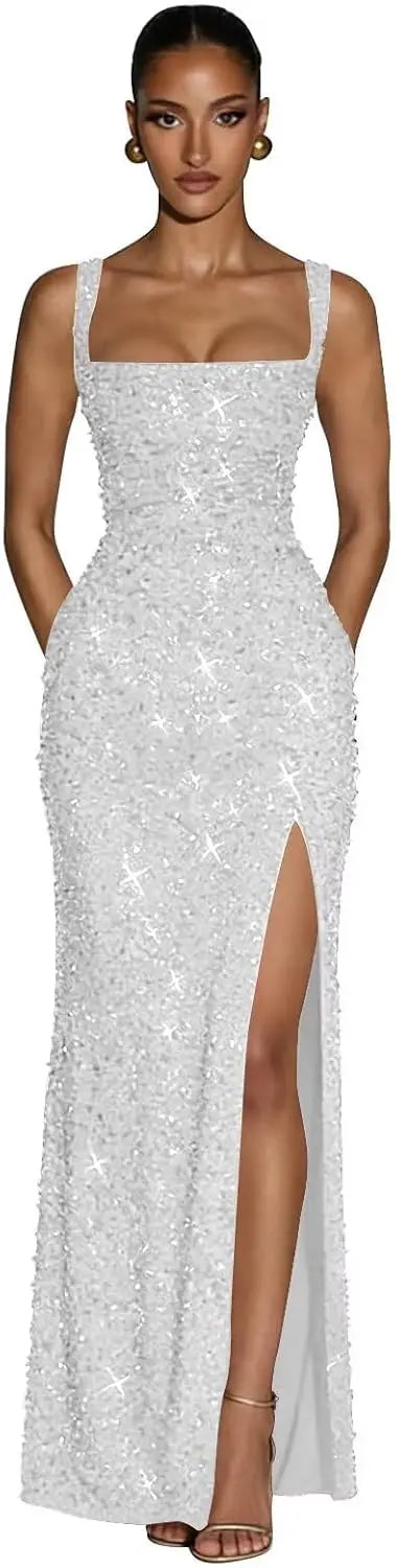 Eightale Sequin Prom Dress for Women Sparkly Mermaid Long Backless Formal Evening Party Gown with Slit