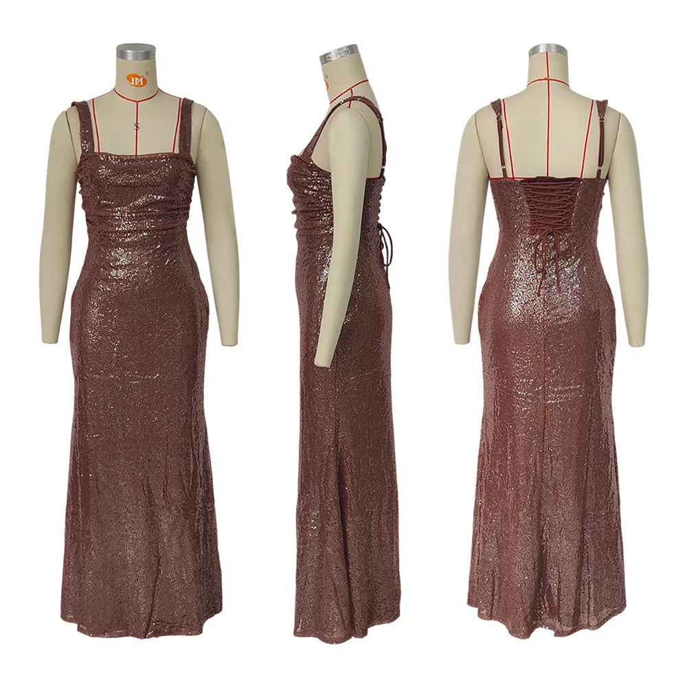 Women European American Sequin Cami Dress Sleeveless Tie Slim Fit Cocktail Party Evening Gown