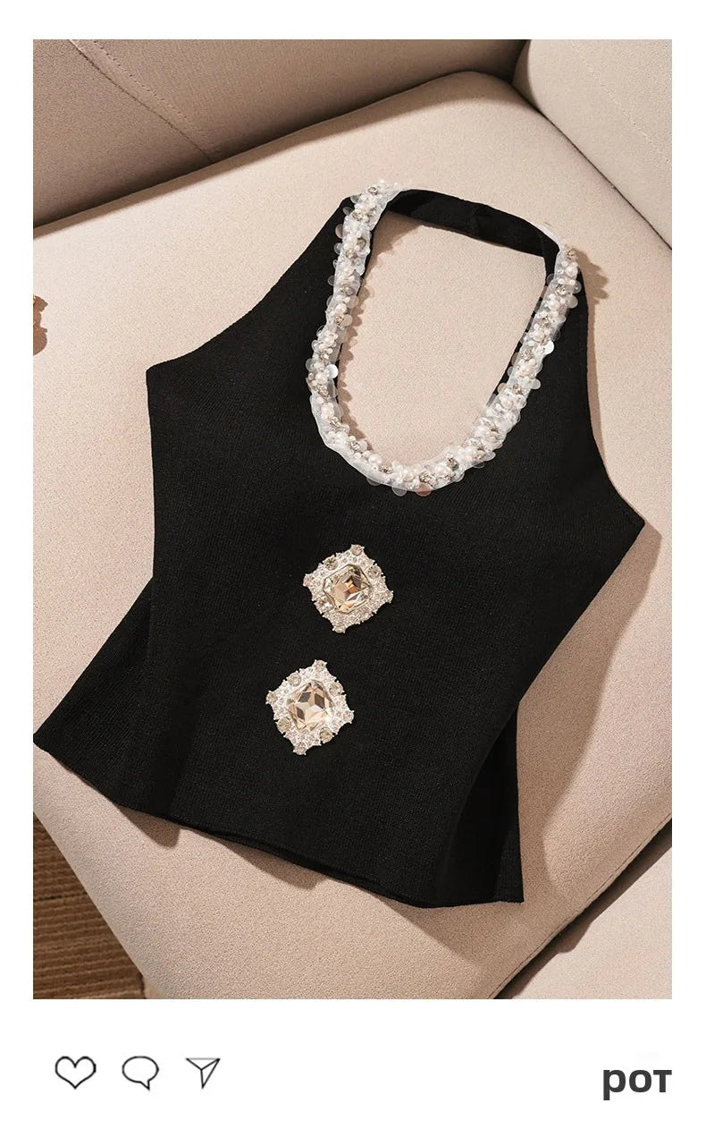Heavy-Embroidered Diamond Backless Hanging Neck  Strap Vest Women Summer Slim Fit Short Spicy Sleeveless Black Top Women