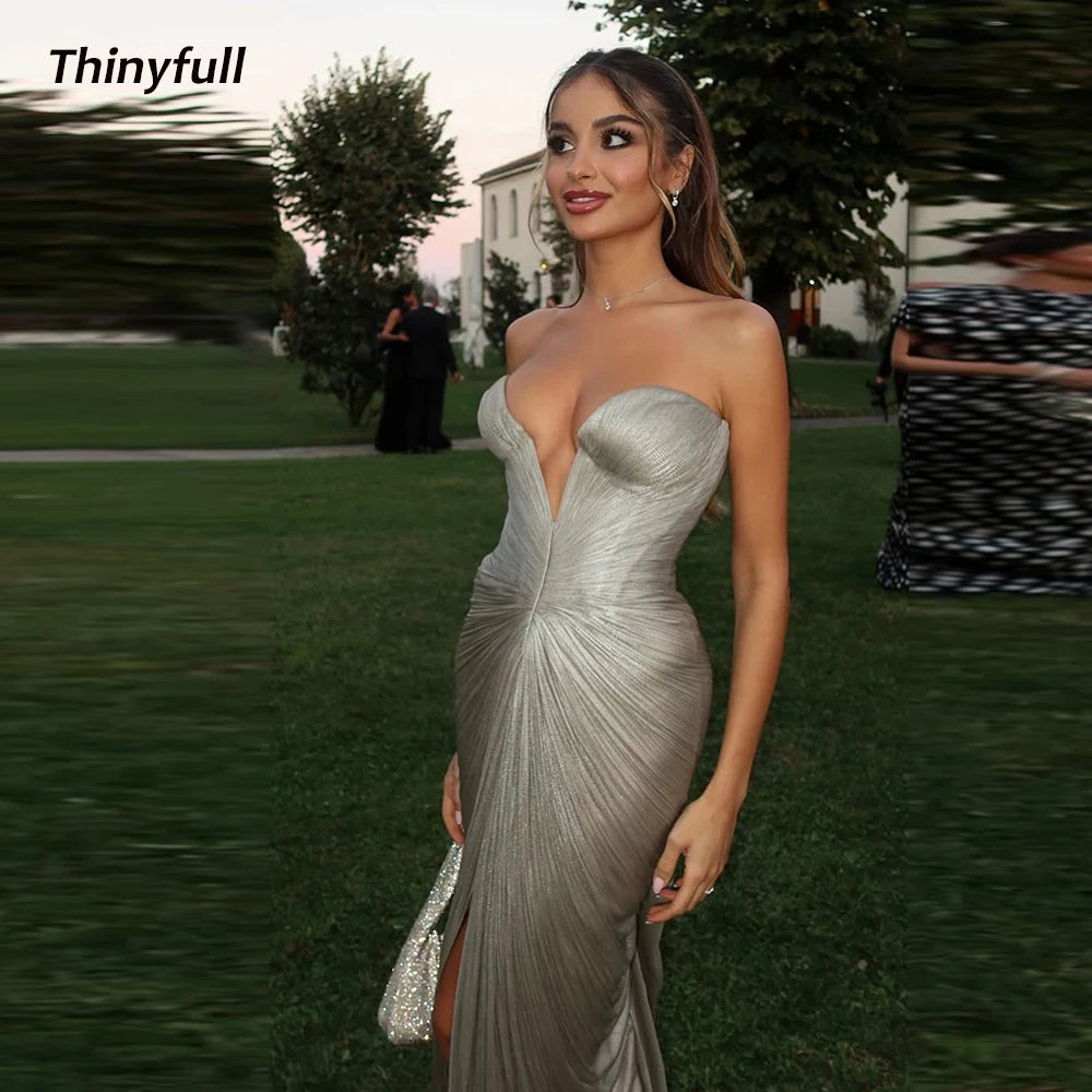 Thinyfull Mermaid Arab Glitter Satin Prom Dress Sleeveless Sweetheart Evening Dresses Split Prom Gown Robe De Soirée Customized