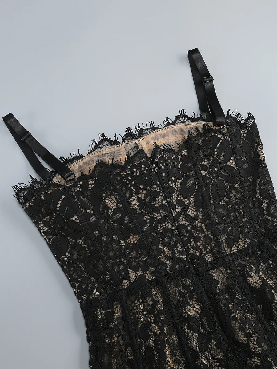2025 Sexy See Through Lace Spaghetti Sleeveless Bodycon Long Dress Elegant Woman Party Vestido Celebrity Evening Party Outfit - Shellss