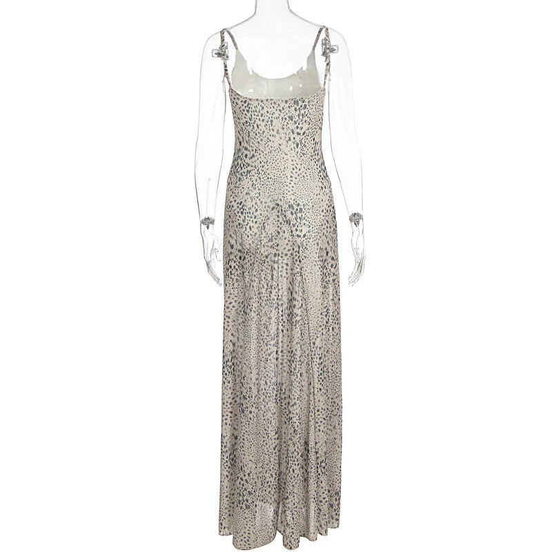 Women Summer Leopard Print Cami Maxi Dress High Waist Casual Beach Vacation Dress