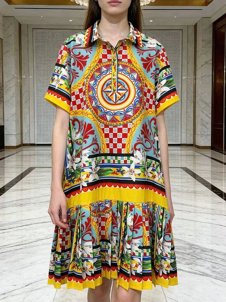 Retro geometric print lapel pullover short sleeve shirt dress 2026 summer women's tutu skirt fashion shirring loose dress - Shellss
