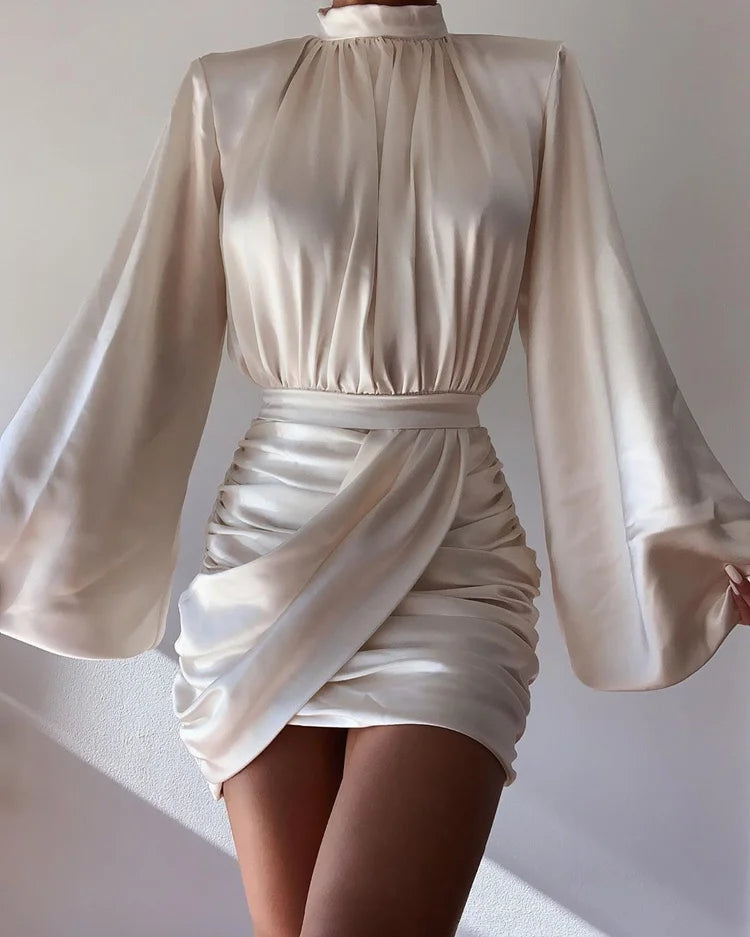 Ruched Satin Mini Dress – White Lantern Sleeve - Shellss