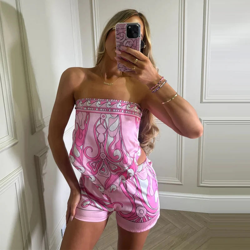 Sexy Women's Satin Printed Vest Shorts Set Lace Up Backless Strapless Crop Tops High Waist Short Pant 2026 Summer Beach Suit