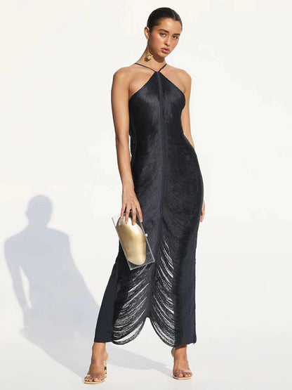 Halter Backless Solid Vintage Bodycon Long Dress