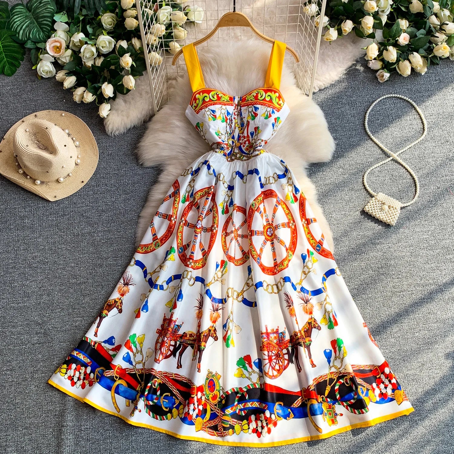 Retro Print Strapless Tube Dress Women's Summer Slimming A-Line Long Dress Court Style with Chest Pad Comfortable Breathable