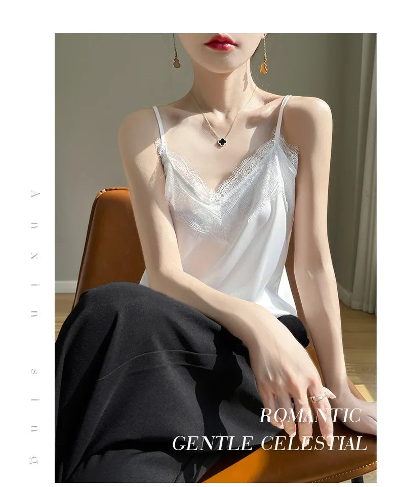 Satin Lace Trim V-Neck Crop Top