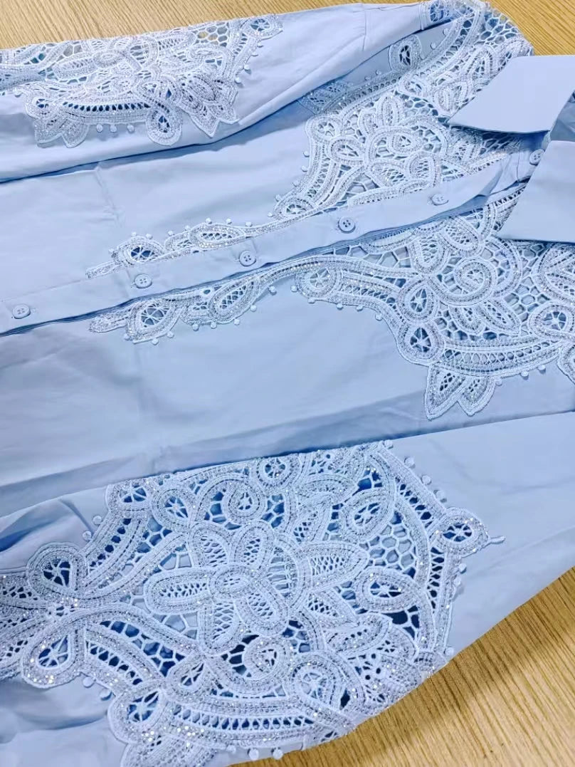 Luxury Brand Sparkle Embroidery Cotton Blue Blouses
