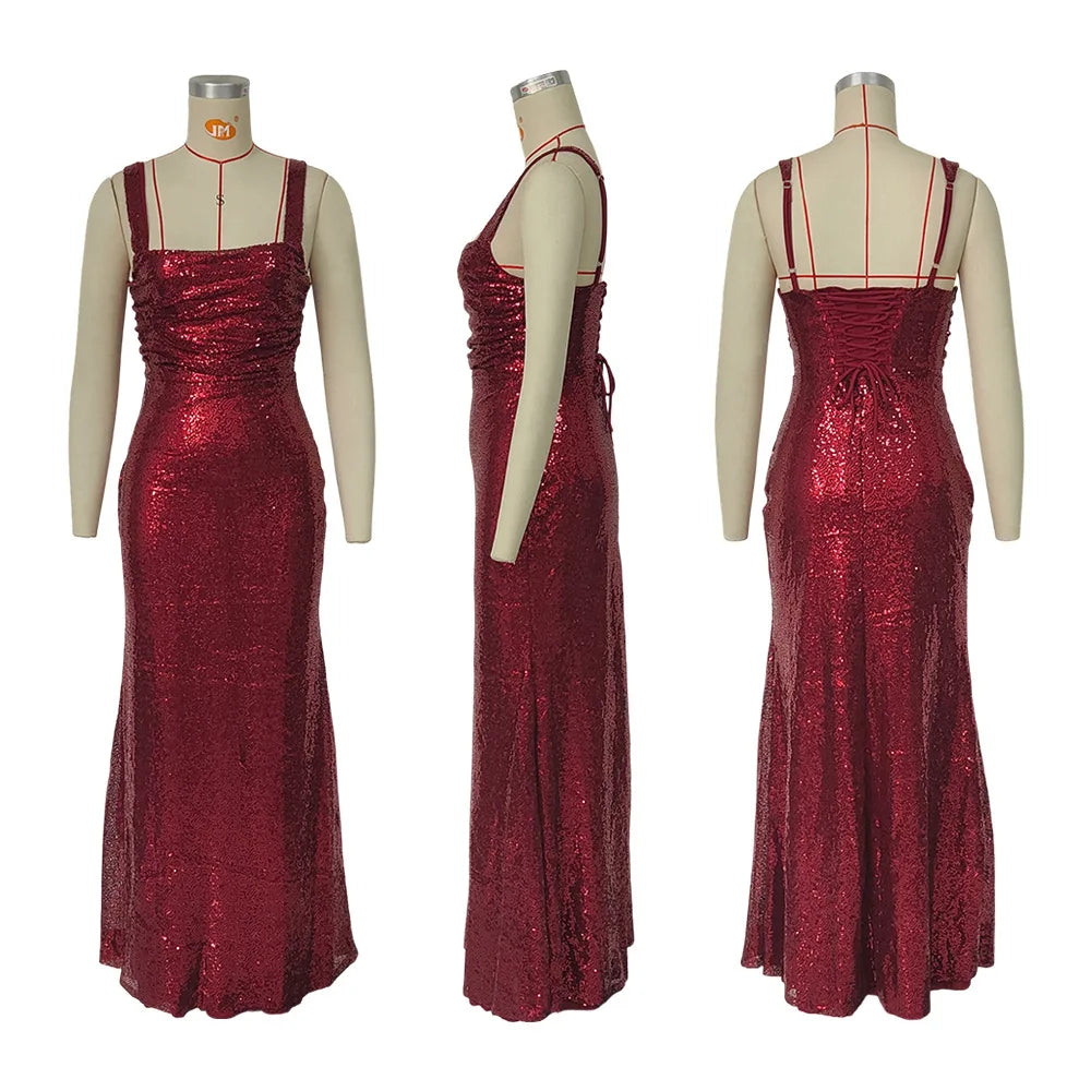 Women European American Sequin Cami Dress Sleeveless Tie Slim Fit Cocktail Party Evening Gown