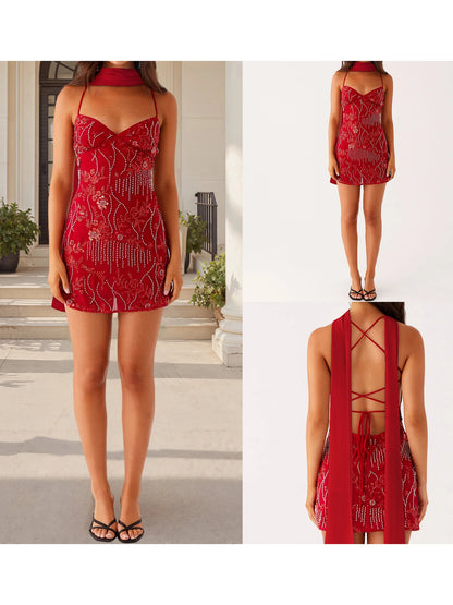 Sequined Flower Embroidery Beaded Bodycon Mini