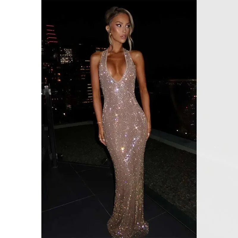 Backless Sequin Nightclub Sexy Party Dress Women Halter  Spring Summer Dress Slim Bodycon Maxi Long Dresses