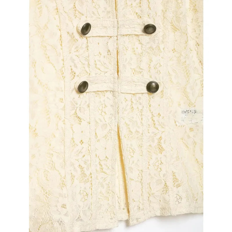 2026French Vintage Floral Lace Cropped Jacket Mandarin Collar Frog Knot Buttons Puff Long Sleeve Slim Retro Outerwear for Women