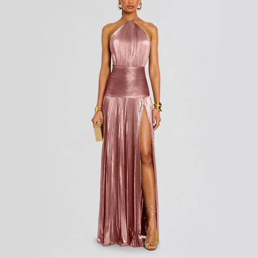 Sexy Off Shoulder Halter Folds Slit Long Dress Luxurious Women Corset Party Dress Gold Halter Neck Evening Dress