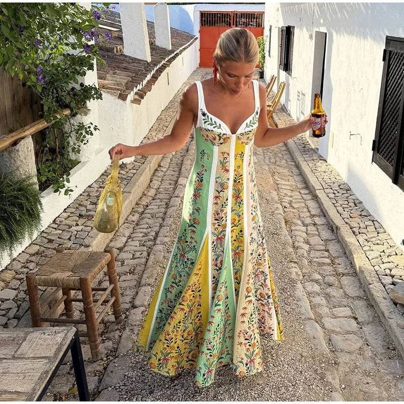 Women's Floral Print Linen Blend Maxi Dress Sweetheart Neckline Sleeveless Panelled Form With Contrast Floral Print