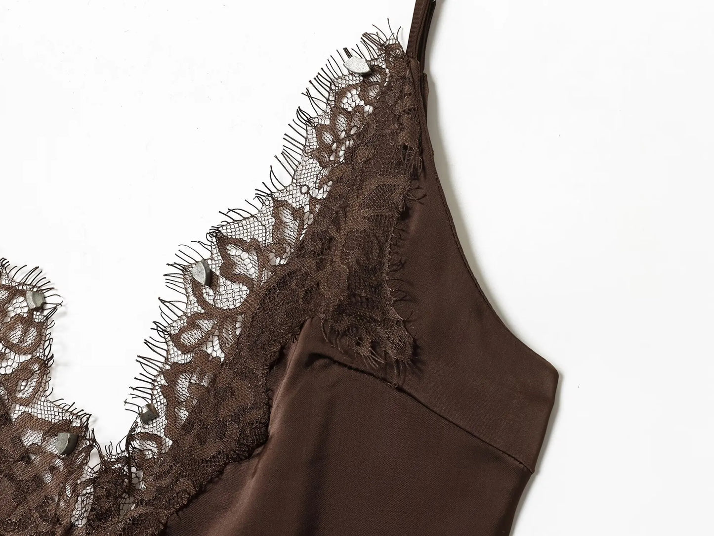 Brown Lace Trim Cami Dress