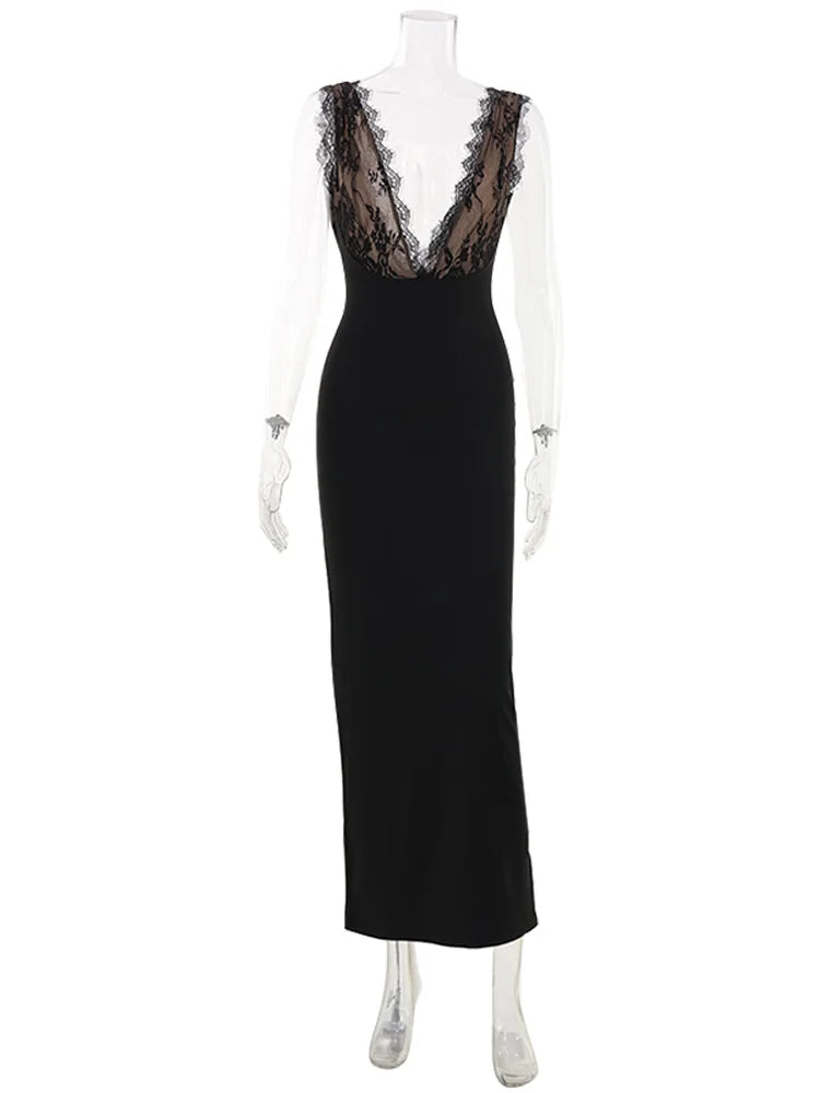 Huhugirl Elegant Long Dresses Sleeveless Lace Patchwork Deep V-Neck Backless Party Club Fashion Summer Style For Women Solid