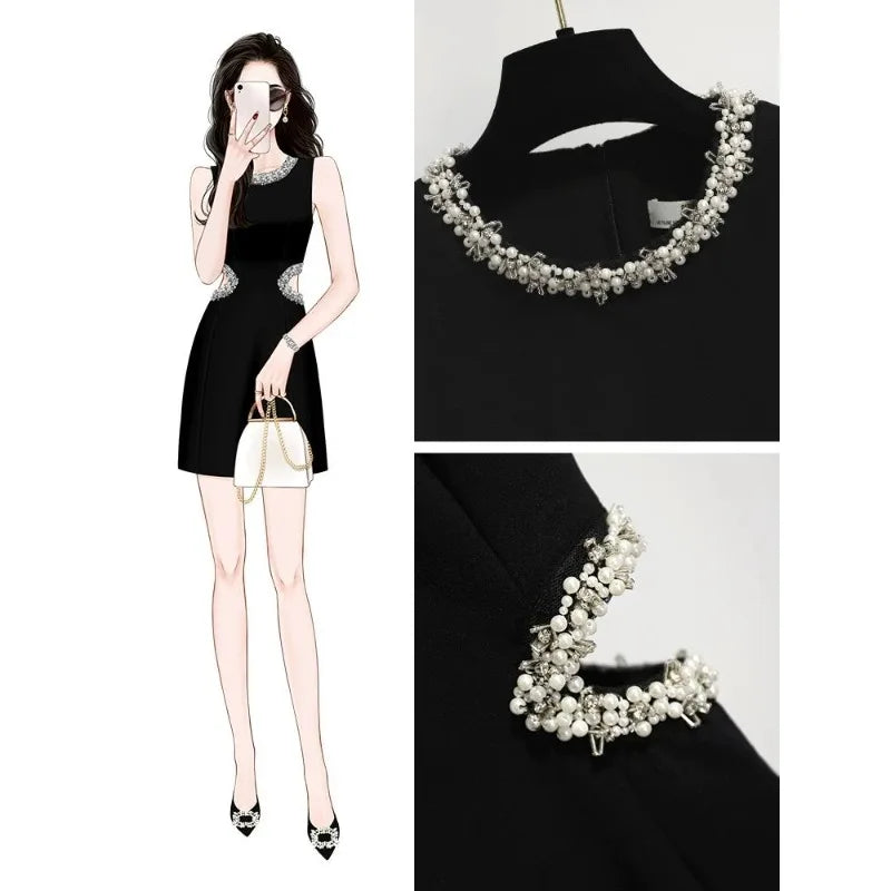 French Waistless Cut-out Celebrity Dress Temperament  Sleeveless High-end Waist Small Black Skirt with A Hollow Waist New Style