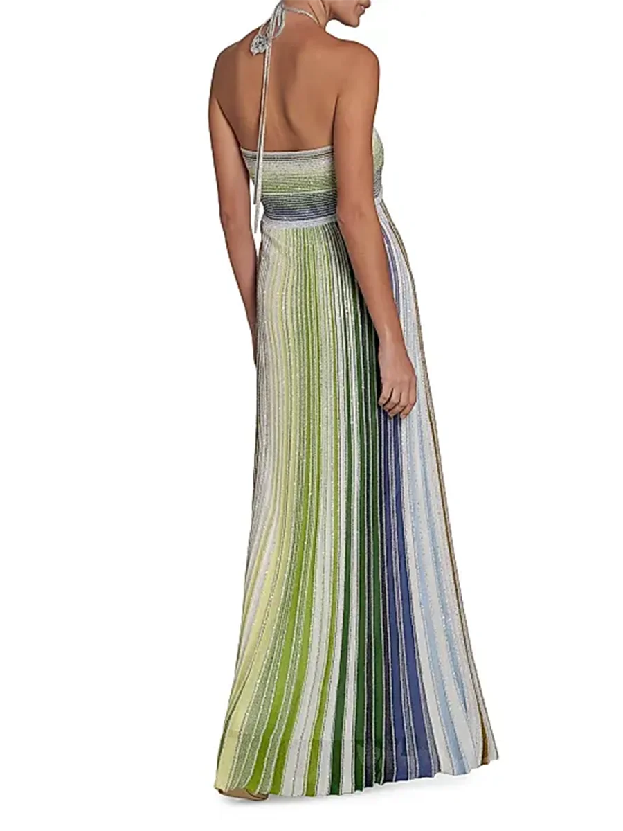 TWOTWINSTYLE Colorblock Spliced Striped Fashion Dresses for Women Halter Neck Sleeveless Patchwork Bright Silk Dress Female New