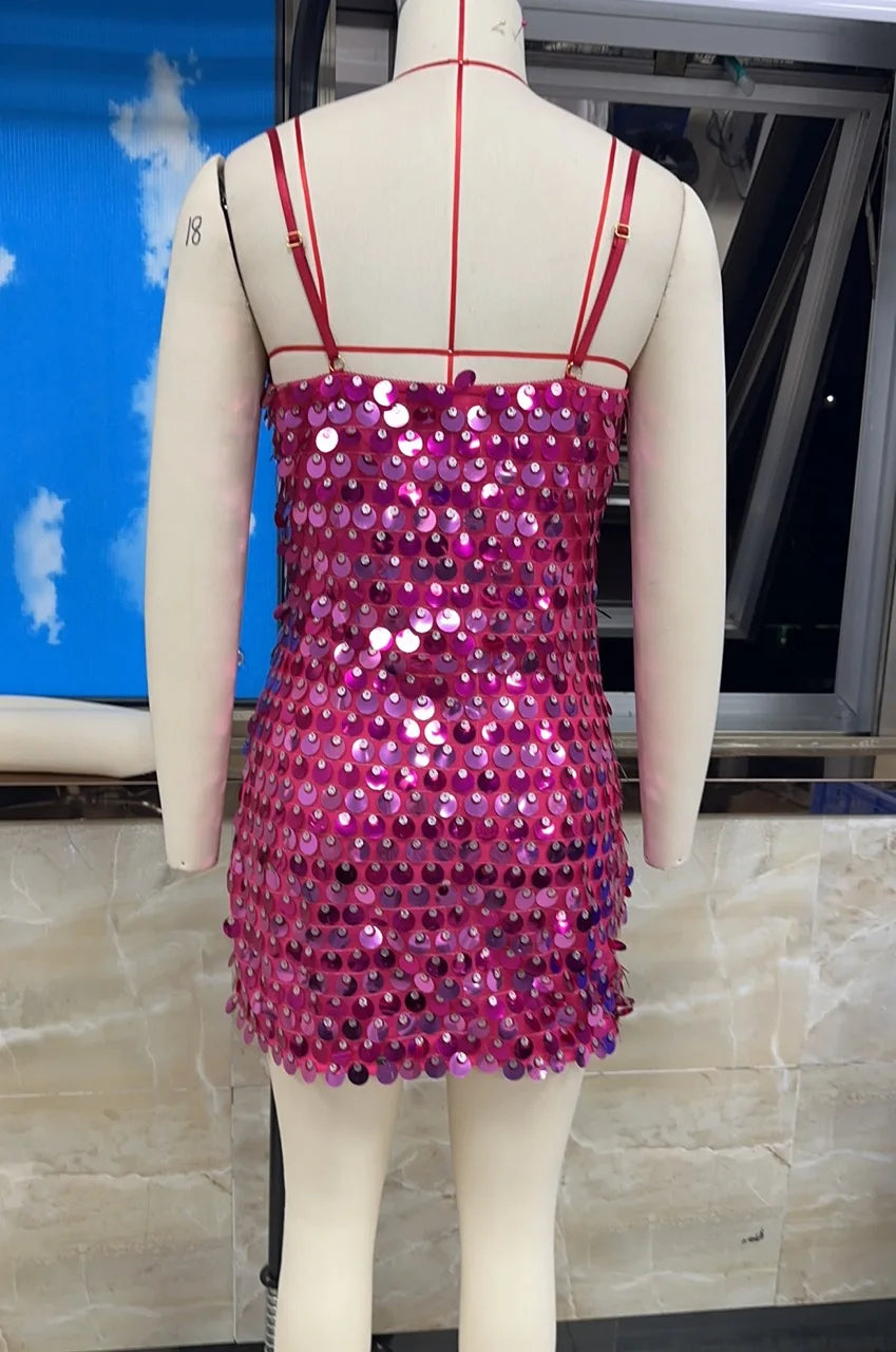 Women Party Club Shiny Sequined Backless Cami Dress Y2k Sparkly Slim Fit Adjustable Thin Spaghetti Strap Mini Bodycon Slip Dress