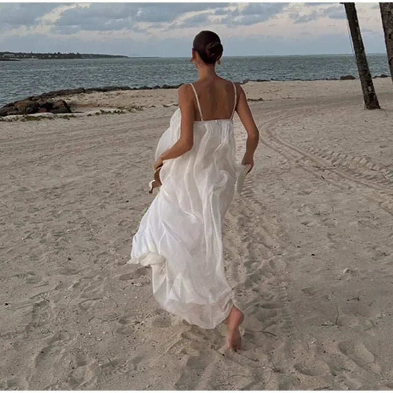 backless beach dresses Elegant Irregular Neckline Sling Long Dress Women White Pleated Sleeve –  Shellss