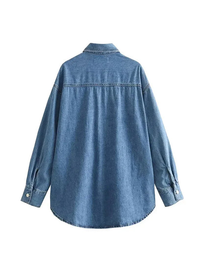 HH Autumn Women's Denim Casual Shirt Fashion Faux Pearl Loose Blouses Button Down Long Sleeve Jean Jacket Versatile Top