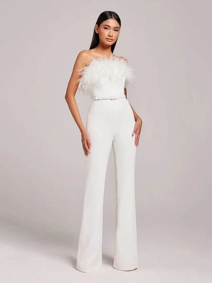 Women Strapless Sleeveless Off Shoulder Feather Design Bandage Jumpsuit