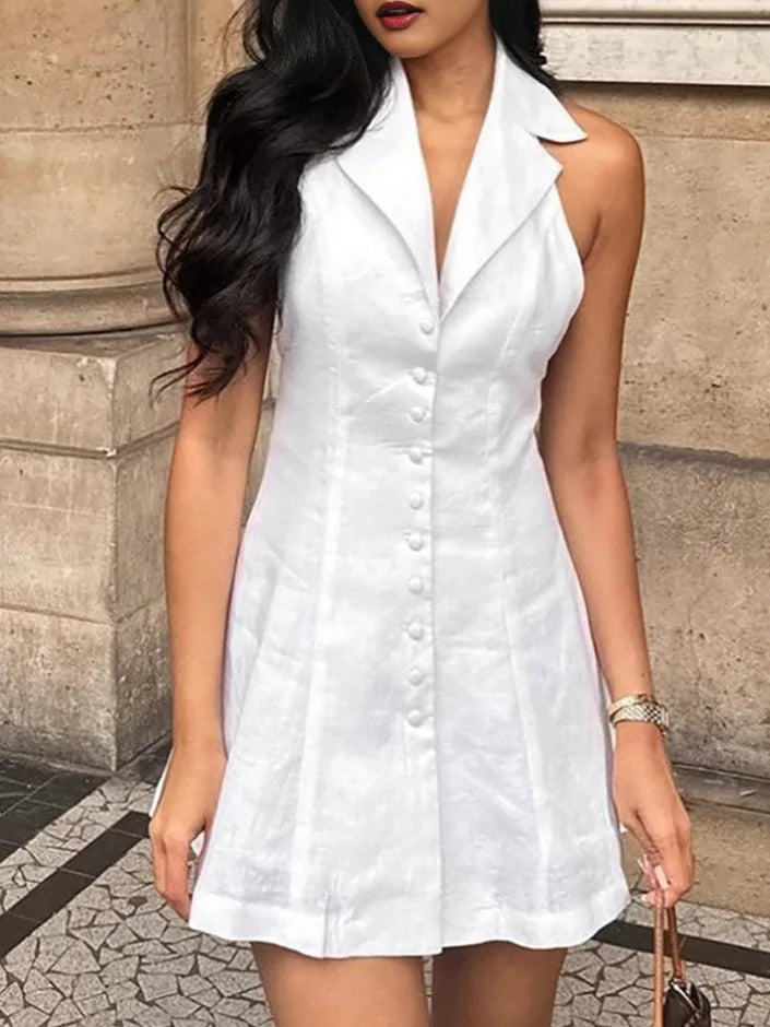 Linen V Neck Backless Slim Waist A Line Mini Dress