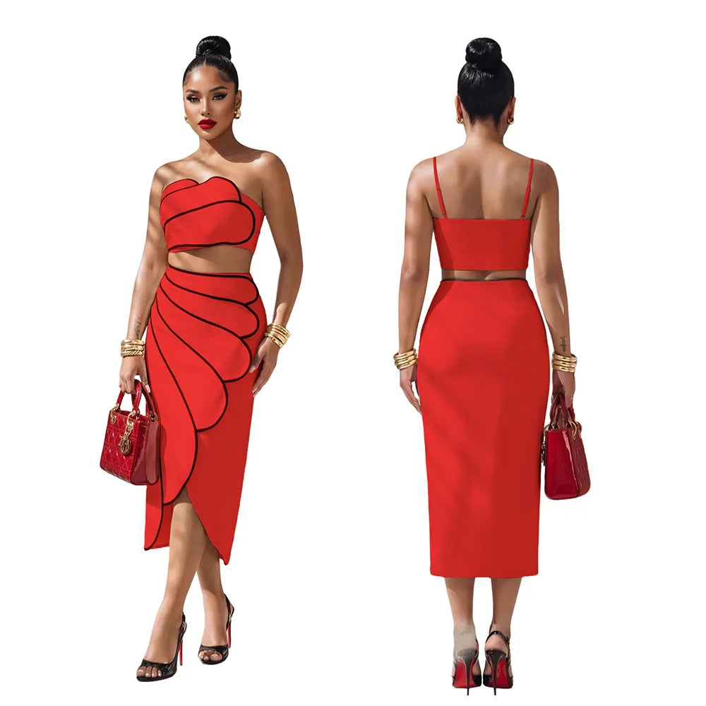2 Piece Sets Tops And Skirt Elegant Women Sleeveless Sexy Midi Dress Fashion Evening Ladies Street Party Vestidos Summer