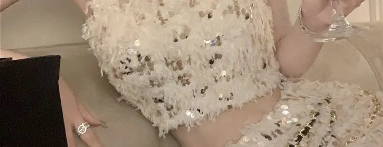 Summer New Little Fragrance Style Hot Girl Tassel Bright Particle Top Bodycon High Waist  Skirt Two Piece Set Women