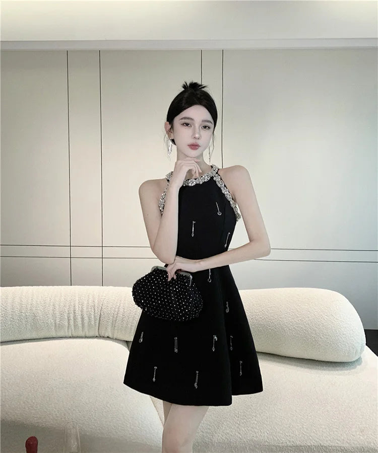 High Quality French Luxury Diamonds Beading Party Dresses For Women 2023 Summer New Elegant Fashion Sleeveless Sexy Dress Robes