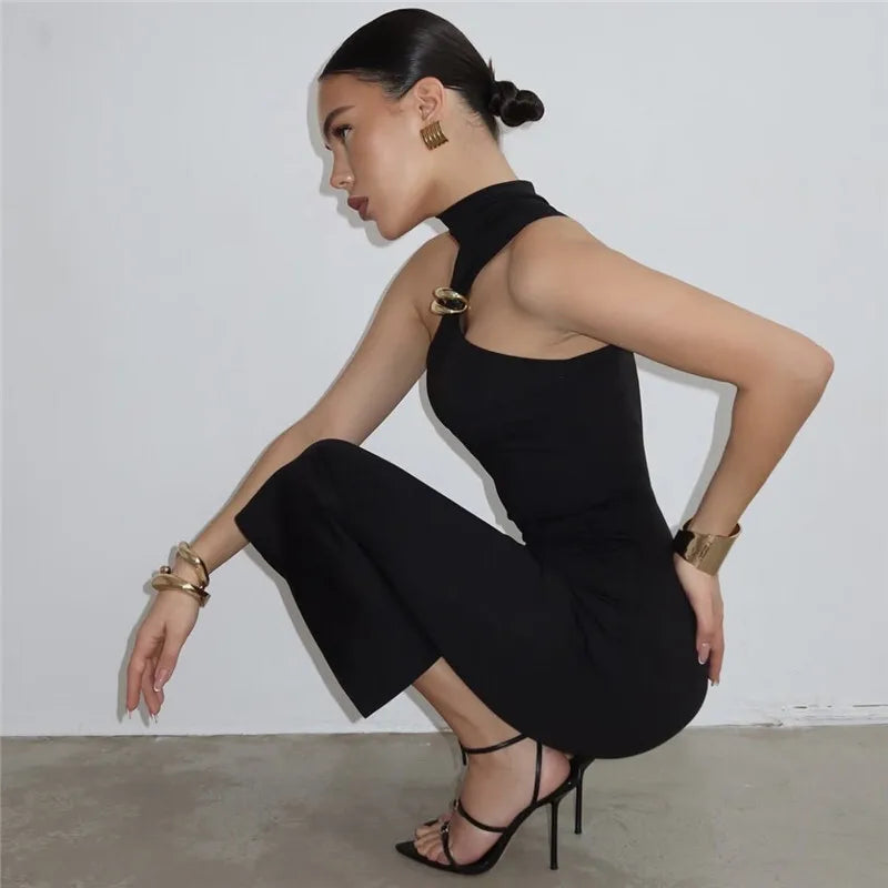 Gold ring twisted neck bodycon dress