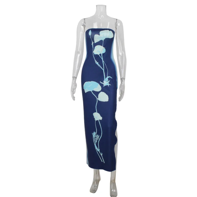 Fashion Elegant Sleeveless Print Long Dress Women's Sexy Backless Strapless Bodycon Maxi Dresses Summer Beach Holiday Long Robe