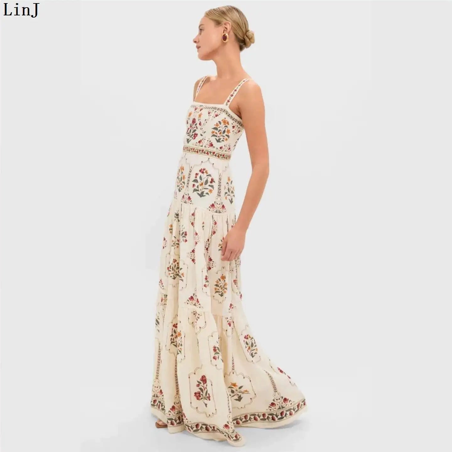 Casual Sleeveless Floral Patchwork Maxi Dress Women's Printed Dress Large Skirt European Style mid Waist Other 100% Fabric