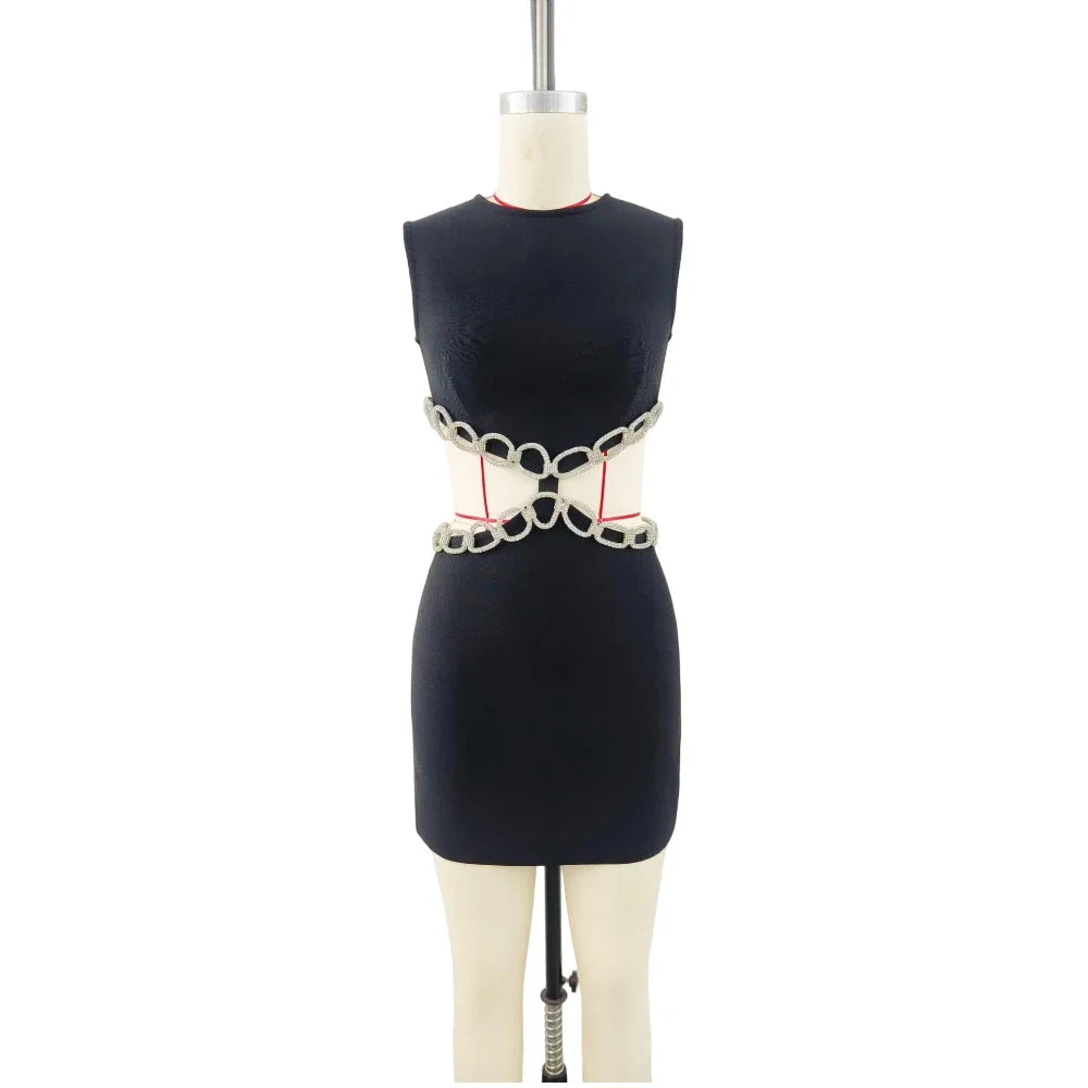 Sexy Hollow Out Diamonds Mini Dress Sleeveless Backless Solid Short Bandage Dresses Luxury Cocktail Evening Club Party Outfit