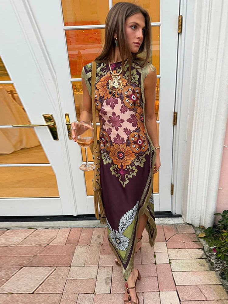 Women Retro Scarf Print Fringe Two Piece Set Sleeveless Round Neck Top Mini Skirt Boho 2026 Summer Vacation Matching Outfit