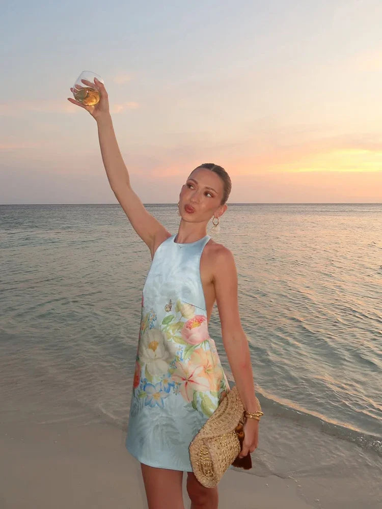 Bohemian Floral Print Halter Neck Mini Dress Women Sexy Sleeveless Backless Short Skirt Lady Summer Party Vacation Beachwear