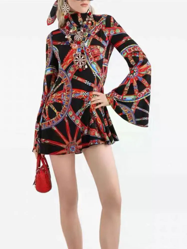 Retro Color Wheel Print High-Neck Long-Sleeve Slim Fit Mini Dress for Women Autumn Elastic Waist Holiday Banquet Temperament Dre - Shellss