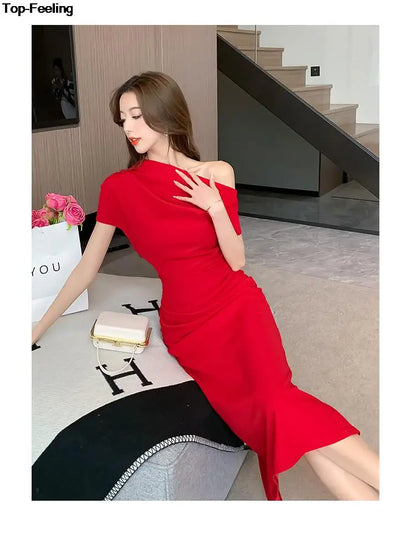 Elegant Off Shoulder Evening Party Dresses ONE SHOULDER DROP SHOULDER red