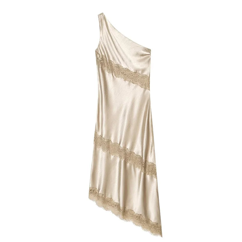 MUJER Satin Lace Midi Dress Women Asymmetric Long Dresses for Women Summer Backless Women's Dresses off Shoulder Dress Woman