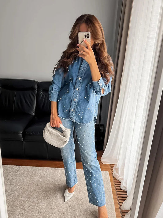 HH Autumn Women's Denim Casual Shirt Fashion Faux Pearl Loose Blouses Button Down Long Sleeve Jean Jacket Versatile Top