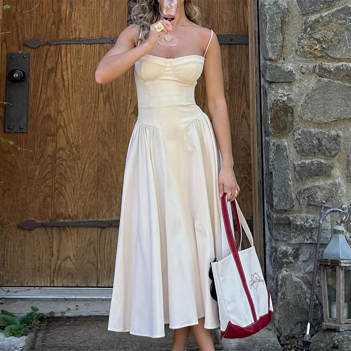 Suninheart Spaghetti Strap Summer Party Dresses 2025 New Arrivals Fit and Flare Elegant Midi Dress Red Night Date Dress - Shellss