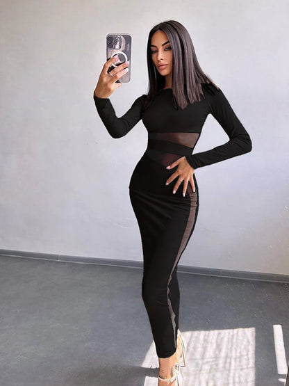 Elegant Directional Design  New Mesh Splicing Long Sleeve Tight Dresses