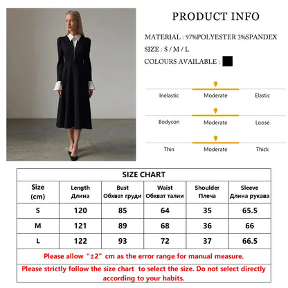 Black Elegant Lapel Long Sleeve Office Midi Dresses