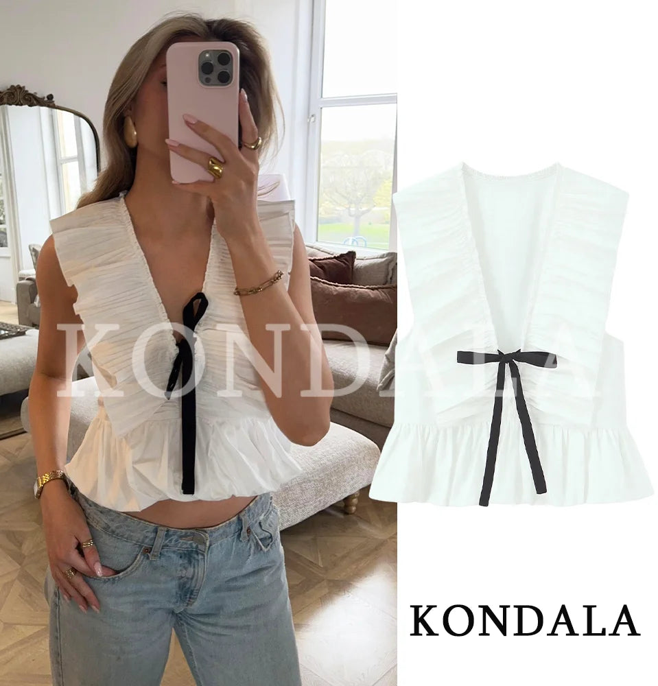 KONDALA Elegant Sweet Bow Tops Woman High Street Chic Pleated Deep V-Neck Tank Tops 2026 Summer Trendy Lady Holidays Dating Vest