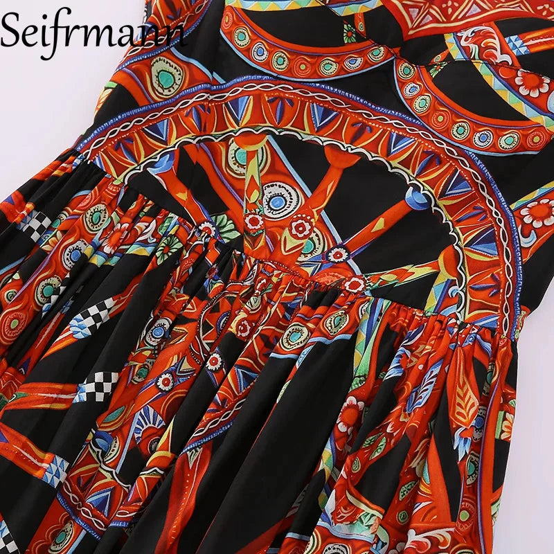 Seifrmann Casual printed cotton suspender dress square neck sleeveless waist long dress 026 autumn women's new style - Shellss