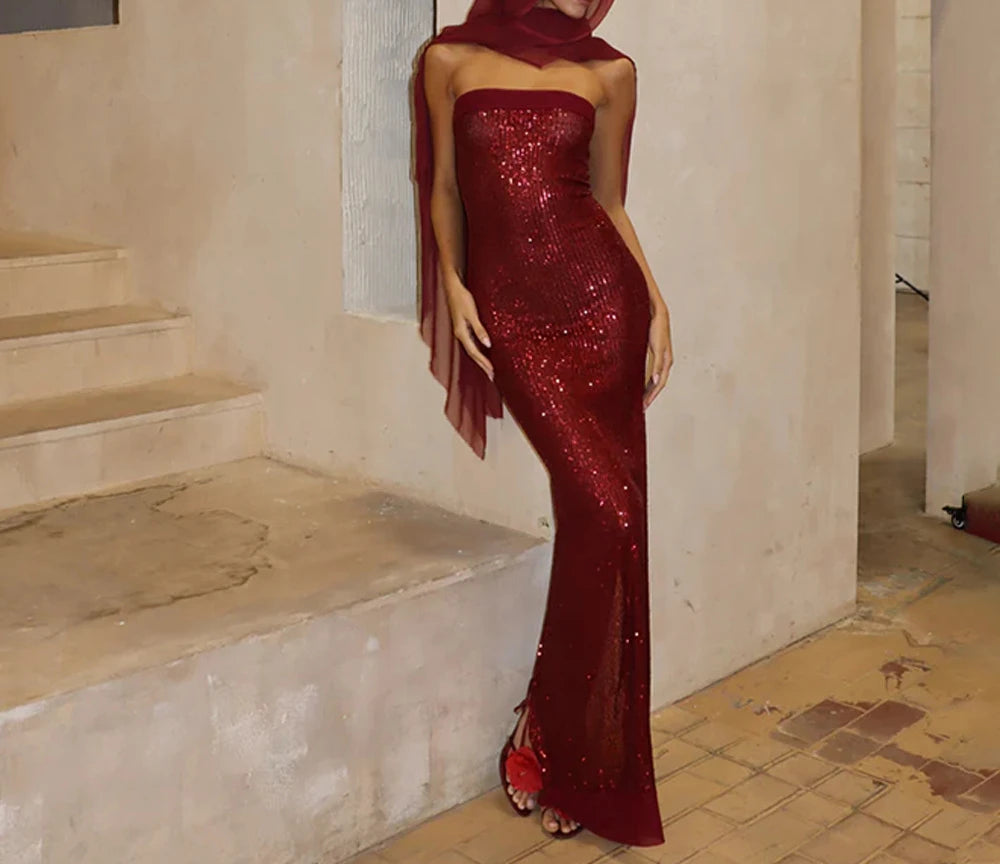 TWOTWINSTYLE Solid Slimming Fashion Dresses for Women Strapless Sleeveless Patchwork Sequins Midi Split Dress Female Clothing